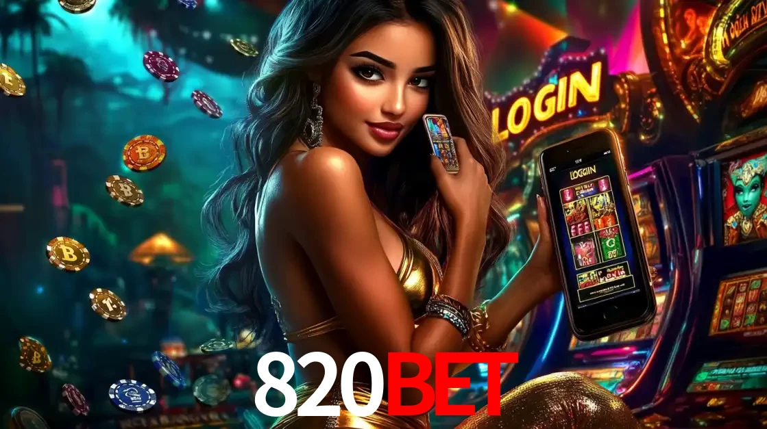 Mulher em um cenário de cassino temático de aventura, mostrando o app de caça-níqueis da 820BET no celular. Fichas de apostas flutuam ao redor.