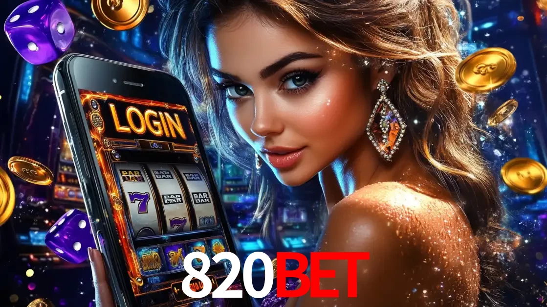 Mulher glamorosa segurando um smartphone com a tela de login para os jogos de caça-níqueis do cassino online 820BET, com moedas de ouro e dados ao redor.