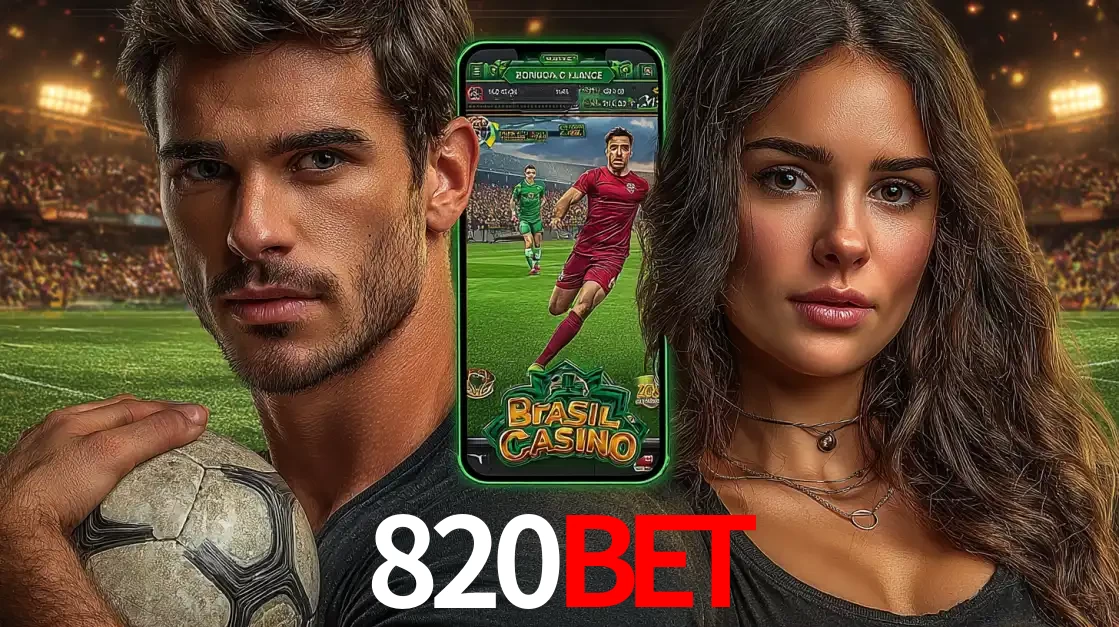Homem segurando uma bola de futebol e uma mulher ao lado de um smartphone exibindo o jogo de apostas esportivas da 820BET. Faça seu palpite no cassino online.